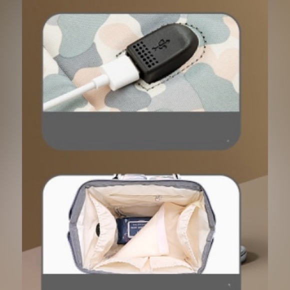 Shiada brand diaper bag backpack with a camouflage pattern in grey, pink, &white - Picture 15 of 15